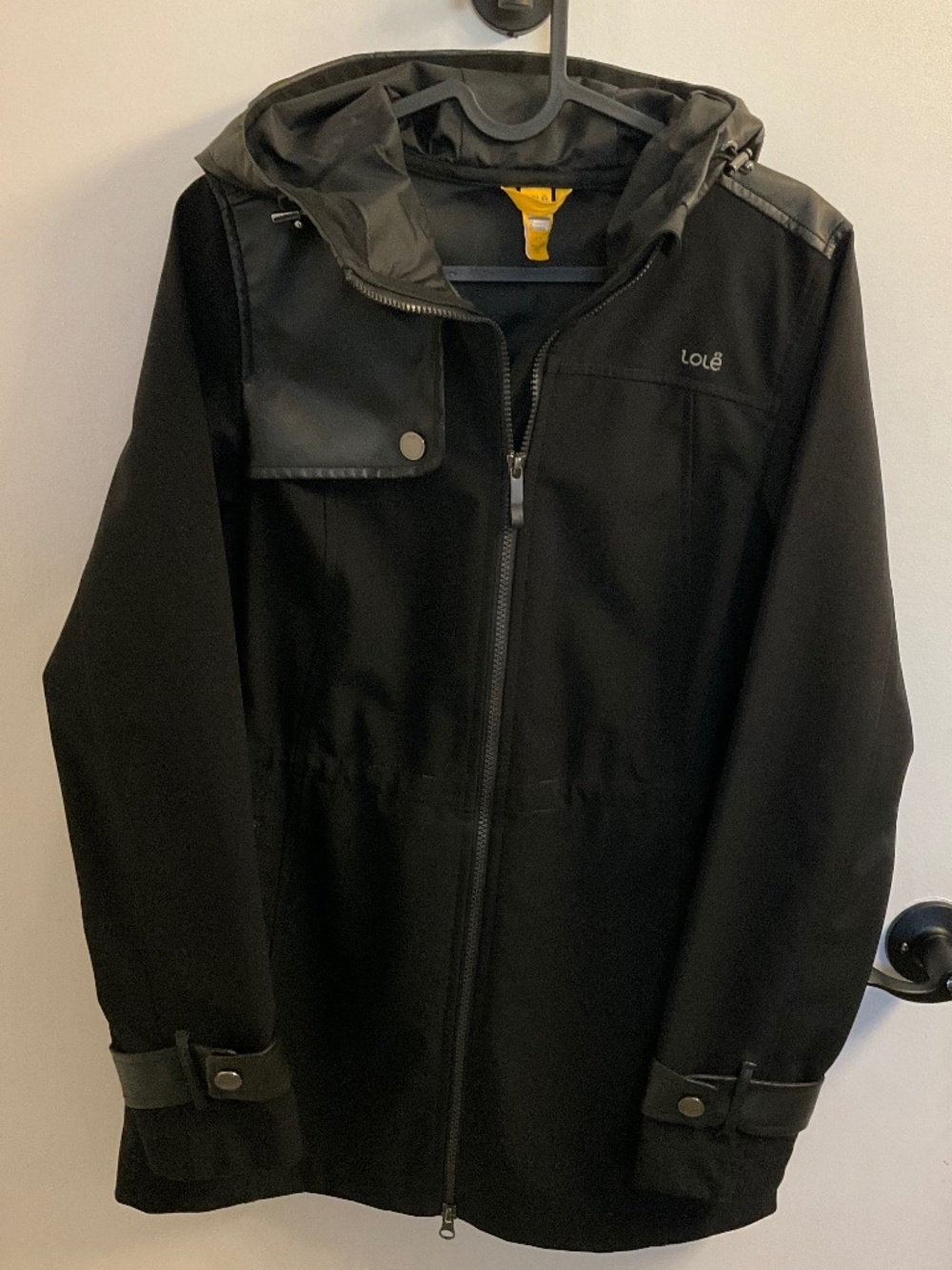 Lolë hooded waterproof/windproof jacket with faux-leather details, size small